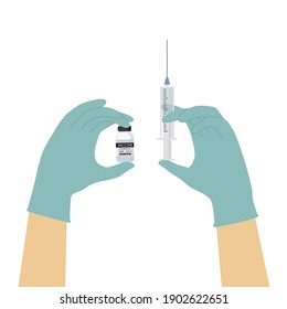 Concepto de vacuna COVID-19. Manos con guantes médicos sujetando el vial de la vacuna Coronavirus y la jeringa plástica con antídoto. Ampolla de vidrio con medicinas. SARS-Cov2. Ilustración del vector plano.