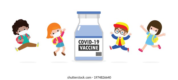 COVID-19 vaccine concept. happy kids jumping wearing face mask with Vaccine against corona virus (2019-nCoV)  group of children back to school isolated on white background vector illustration