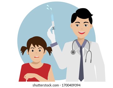 COVID-19 Vaccine concept.Doctor in gown uniform and stethoscope holding vaccine syringe preparing for injection to girl patient. Idea for hope of the world to fight with COVID-19 coronavirus pandemic