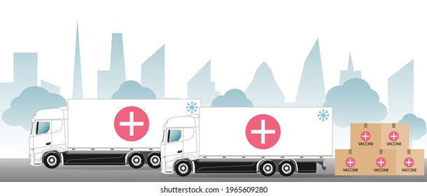 Covid-19 vaccine delivery. Shipping the coronavirus vaccine. Two cold storage truks, boxes with vaccine, landscape. Vector illustration. 