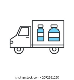 Covid-19 vaccine delivery transport icon, export of covid vaccinations, bus delivering booster jabs, isolated on white background.