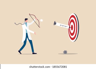 COVID-19 vaccine discovery success, vaccination effect to create 100 percent antibody on Coronavirus concept, doctor or medical research staff shooting vaccine syringe as arrow hitting bullseye target