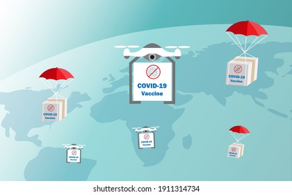 Entrega de drones y paracaídas Envío de la vacuna Covid-19 a todos los países con antecedentes cartográficos mundiales. Concepto de transporte logístico global y atención médica.