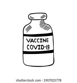 Covid-19 vaccine doodle, a hand drawn vector doodle illustration of a bottle of coronavirus vaccine isolated on white background. Drug ampoule, Vaccination concept with space for text.
