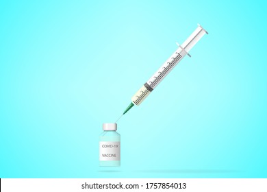 Covid-19 vaccine dose with label on tube with syringe 3D vector illustration
