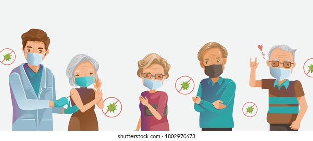 Covid-19 Vaccine. Elderly Group Mask At The Hospital. Doctor Holds An Injection Vaccination Elderly Women. Group Of Elderly Wearing Medical Masks To Prevent Disease, Flu, Contaminated Air, Pollution.