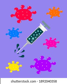 Covid19 vaccine, germs and syringe vector icon design in coloring flat style