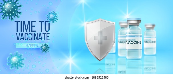 COVID-19 vaccine global pandemic medical background with vials, silver shield, coronavirus molecules. Corona disease web concept with bottles, reflections. COVID-19 vaccine cure vector landing page 