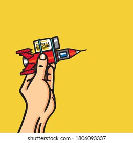 COVID-19 Vaccine and hand playing Concept, Antiviral vaccine. Medical bottles. COVID 19. SARS CoV 2.Vector background with vaccine bottles, medical mask, medical packaging and retro style.