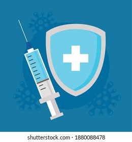covid19 vaccine hope poster with syringe and shield vector illustration design
