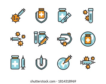 Covid-19 vaccine icon set colorline style.  Sign and symbol for websit, print, sticker, banner, poster.