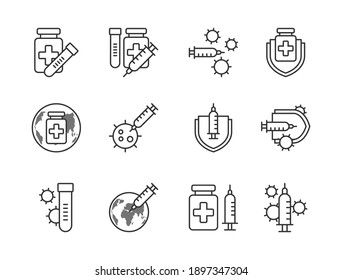 Covid-19 vaccine icon set outline style.  Sign and symbol for websit, print, sticker, banner, poster.