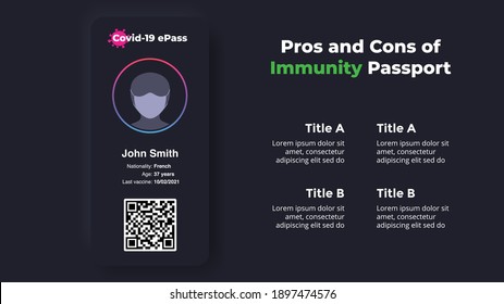 Covid-19 Vaccine Immunity Mobile App Passport. Pros and cons. Dark vector infographic. Coronavirus presentation slide template. 2019-ncov compare info graphic diagram. 2021 travel rules.