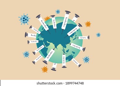 COVID-19 vaccine implementation, herd immunity build up, worldwide distribution of Coronavirus COVID-19 vaccine concept, medical syringes with needle planting on planet earth with virus pathogen.