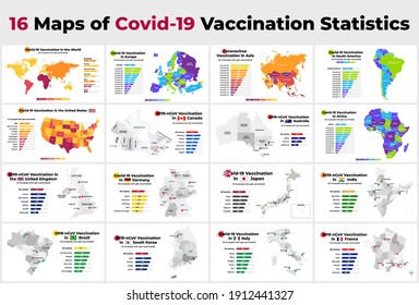 Covid-19 vaccine infographic. Coronavirus vaccination in Europe, North and South America, Asia, Australia, Africa. USA, Canada, Germany, France, Italy, India vector maps. 2019-ncov presentation. 