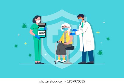 COVID-19 Vaccine injection concept. A doctor injects vaccine to elderly patient vector illustration