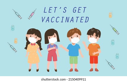 COVID-19 vaccine for kids poster. Kids with mask illustration. Vaccination for kids vector