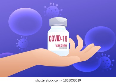 The Covid-19 vaccine lies in the palm of a hand. A new remedy for coronavirus in a man's hand on a blue background., new Medicine developments in virology, ARVI.