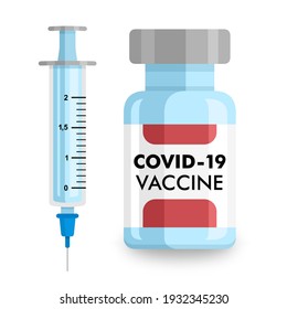 Covid-19-Impfstoff. Medizinischer Kolben und Spritze. Flache Vektorgrafik.