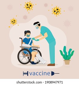 Covid-19 vaccine. Medical in protective suit injects vaccine shot in patient