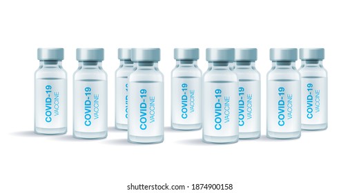 COVID-19 Vaccine. Medical vial for injection isolated on white background. Concept for medicine and healthcare, vaccination and fight against coronavirus. Vector Illustration.