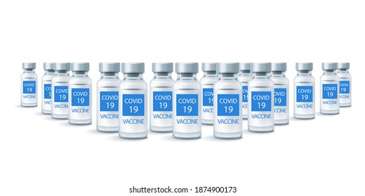 COVID-19 Vaccine. Medical vial for injection isolated on white background. Concept for medicine and healthcare, vaccination and fight against coronavirus. Vector Illustration.