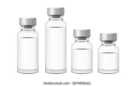 COVID-19 vaccine mock-up. Set of medical vials for injection isolated on white background. Concept for medicine and healthcare, vaccination and fight against coronavirus. Vector Illustration.