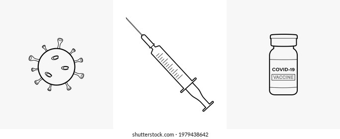 Covid-19 vaccine outline vector icons on white gray banner background