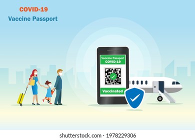 Covid-19 Vaccine Passport For Family Traveling On Smartphone With QR Code Immune Certified And Airplane. Mother, Father And Kid Wearing Face Mask With Luggages At Airport.