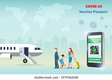 Covid-19 Vaccine Passport For Family Traveling On Smartphone With QR Code Immune Certified And Airplane. Mother, Father And Kid Wearing Face Mask With Luggages At Airport.