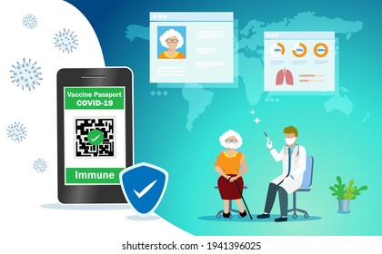 Covid-19 vaccine passport on smartphone with QR code immune certified  for traveling abroad. Doctor holding syringe injecting vaccine to senior woman with medical record and world map background.