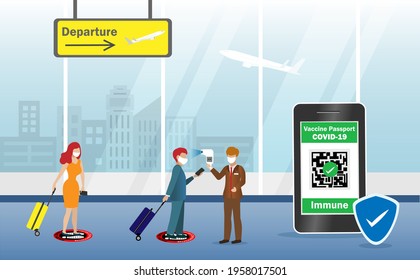 Covid-19 vaccine passport on smartphone with QR code immune certified  for traveling. Airport officer using infrared thermometer check passengers temperature and vaccine passport at check in counter. 