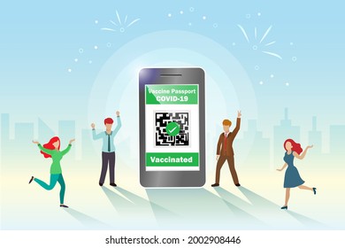 Covid-19 vaccine passport on smartphone with QR code immune certified for traveling. Man and woman around smartphone feeling happy to get vaccine passport.