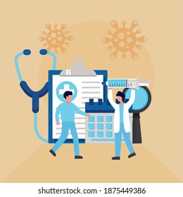 covid19 vaccine poster with doctors lifting syringe and medical icons vector illustration design