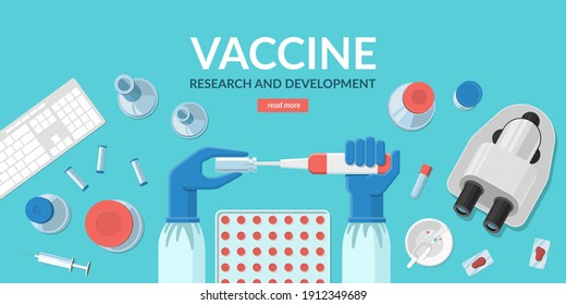 Covid-19 vaccine research and development concept. Scientist's hands taking a sample from a bottle with coronavirus vaccine. View at the medical laboratory desktop. Flat design vector illustration.