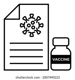 Covid-19 Documento de investigación sobre vacunas con símbolo vectorial del icono del virus de la botella y la corona