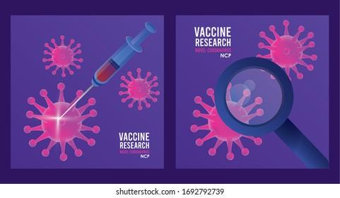 covid19 vaccine search with magnifying glass and injection vector illustration design