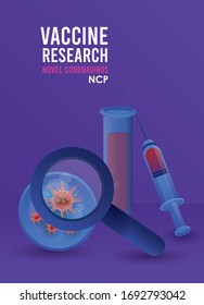 covid19 vaccine search with magnifying glass and tube test vector illustration design