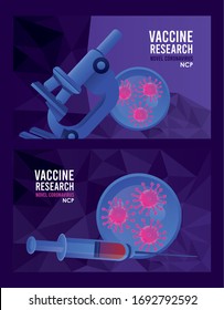 covid19 vaccine search with microscope and injection vector illustration design