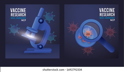 covid19 vaccine search with microscope and magnifying glass vector illustration design