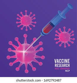 covid19 vaccine search with particles and injection vector illustration design