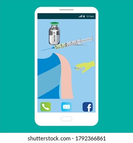 COVID-19 vaccine with smartphone vector design. Time management, Online chemistry and Medical vaccination signs. Face detection, Analysis graph symbols. Technology process.