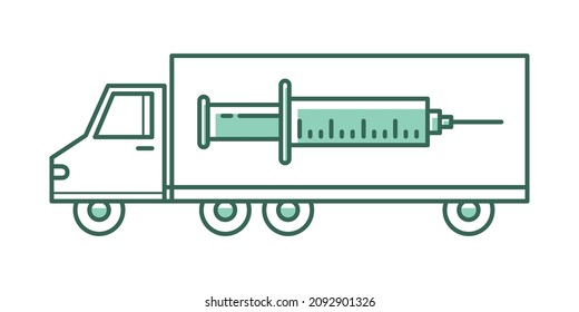 Covid-19 vaccine syringe delivery icon, transportation of covid vaccinations, truck delivering booster jabs, virus injections shipping concept, isolated on white background.