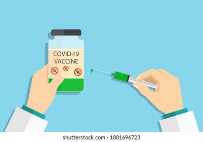 Covid-19 vaccine. Syringe in doctor hand for vaccination. Syringe with needle for injection and vial with vaccine. Immunity from flu. Medical shot for patient in hospital. Liquid treatment. Vector.