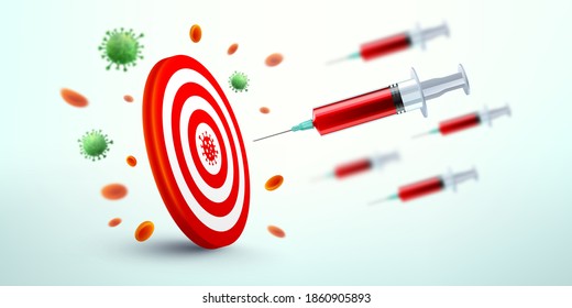 COVID-19-Impfstoffspritze, die auf die Zieltafel fliegt.Vektorgrafik des COVID-19-Impfstoffes Coronavirus-Impfstoff-Erkennungserfolg,Impfwirkung zur Bildung von 100%-Antikörpern auf das Coronavirus-Konzept.