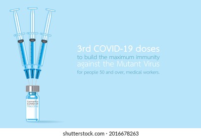 COVID-19 vaccine, syringe inserted into vial, side view with place for text, 3rd dose, Mutant virus, people 50 and over, Medical workers, Corona virus epidemic concept. Vector illustration, Backgroud.