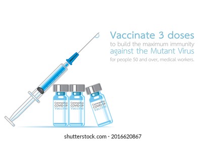 COVID-19 Impfstoff, Spritze lag flach mit Platz für Text in der Seitenansicht, 3. Dosis, Mutant-Virus, Menschen 50 und mehr, Mediziner, Konzept zur Prävention von Corona-Virus-Epidemien. Vektorgrafik Art. 