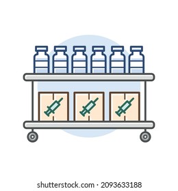 COVID-19 vaccine and syringe storage line icon, vaccination production and transport concept, isolated on white background.