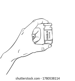 Covid-19 vaccine tube in hand. Prevention, immunization and treatment from Coronavirus concept. Vector sketch, Hand drawn illustration