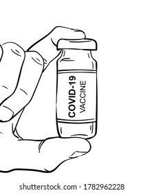 Covid-19 vaccine tube in hand. Prevention, immunization and treatment from Coronavirus concept. Vector sketch, Hand drawn illustration Black line drawing